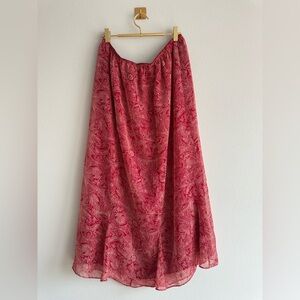 Vintage Red Paisley Print Midi Skirt – Sheer Overlay Boho Summer Skirt, Plus 20W